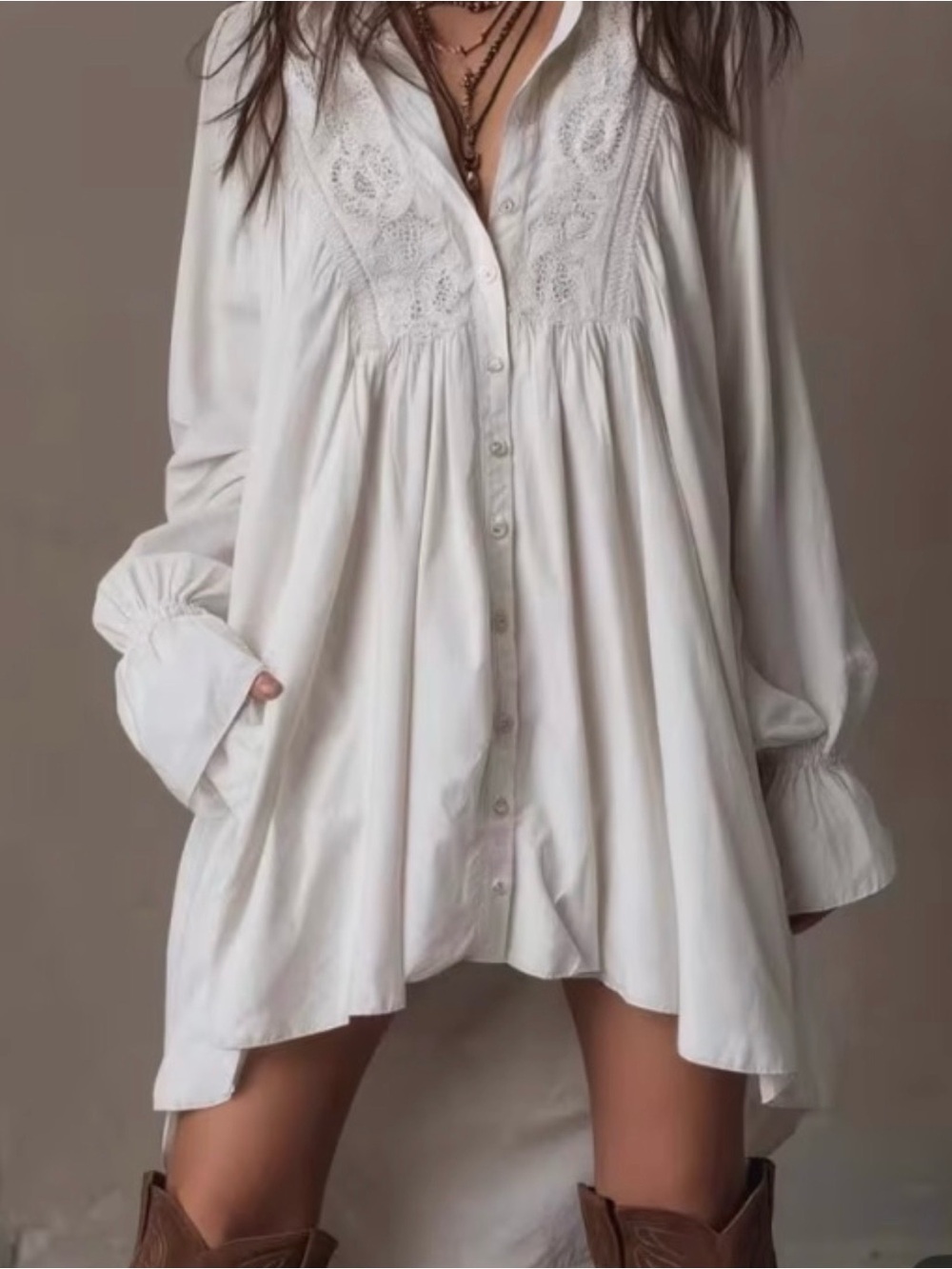 Beautiful White Eyelet High/Low Button-Up Tunic Dress - Picture 3 of 15